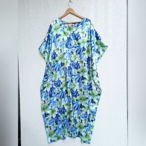 Serenada Blue Green Floral Kaftan Maxi Mummu Nightgown Boho Summer One Size